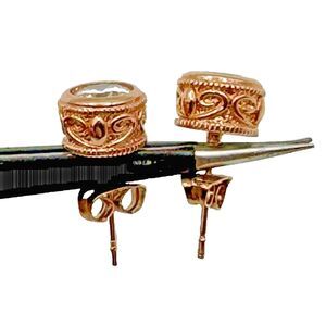 Rose Gold Plated CZ Round Stud Earrings White Stone Women's Fashion Beauty